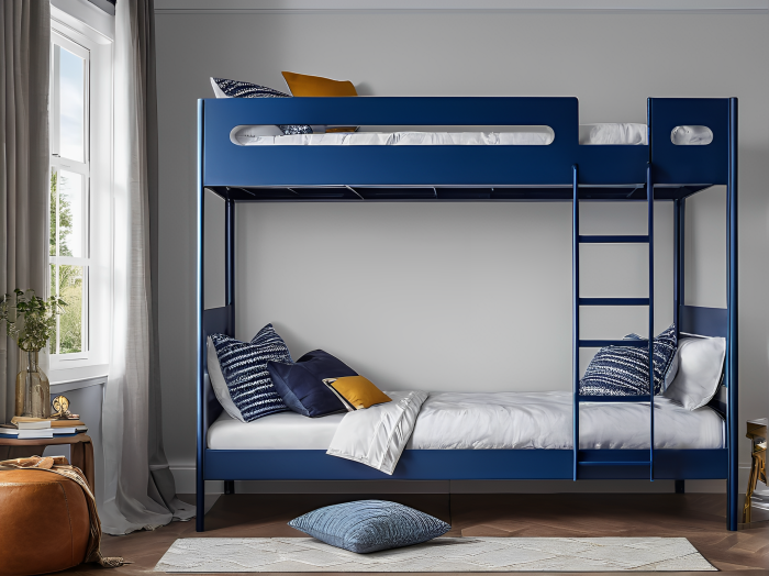 Letto a castello in metallo laccato blu con due lettini singoli