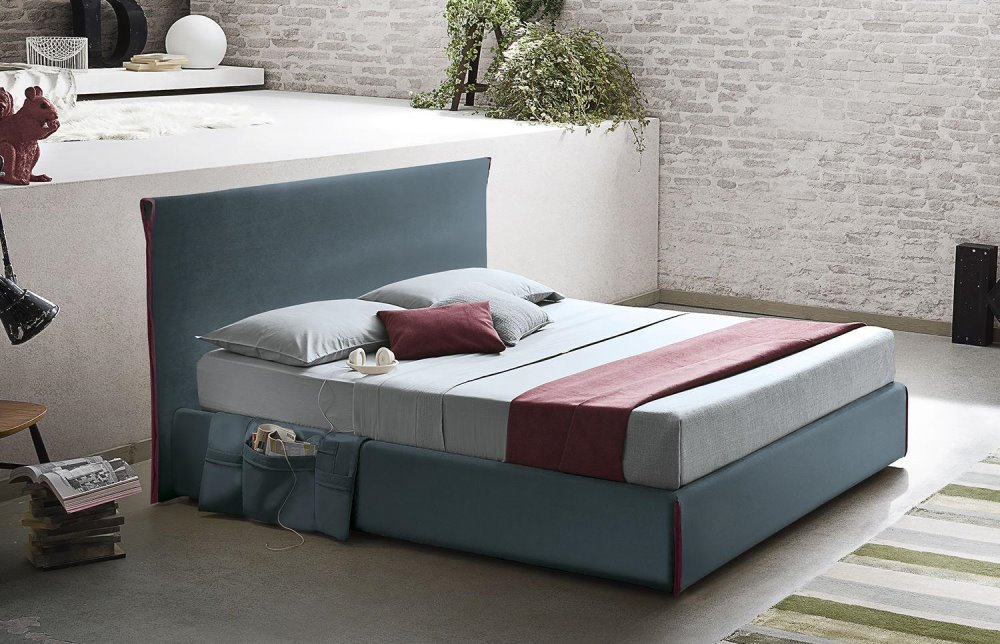 Letto moderno imbottito in tessuto blu avio | Camaleonte