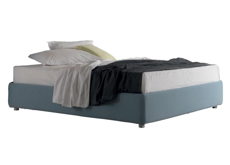 Letto sommier senza testiera, con struttura imbottita e rivestita in tessuto blu chiaro | Tequila