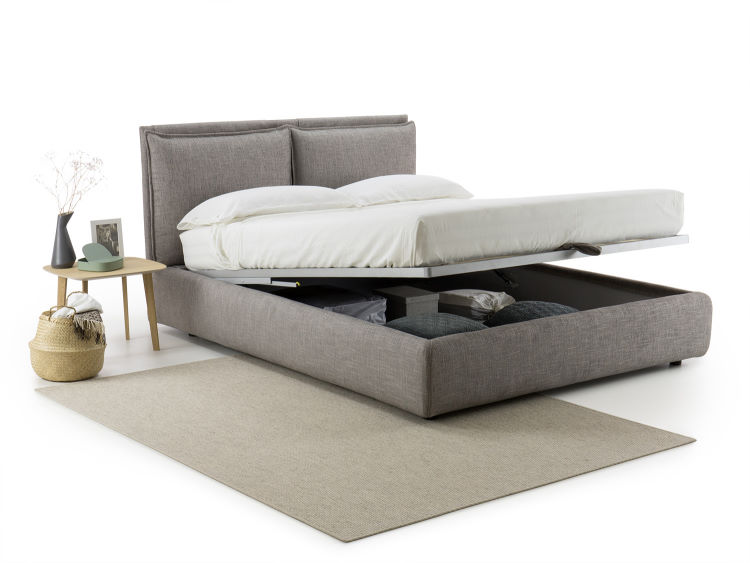 Letto imbottito in tessuto grigio con contenitore Blend