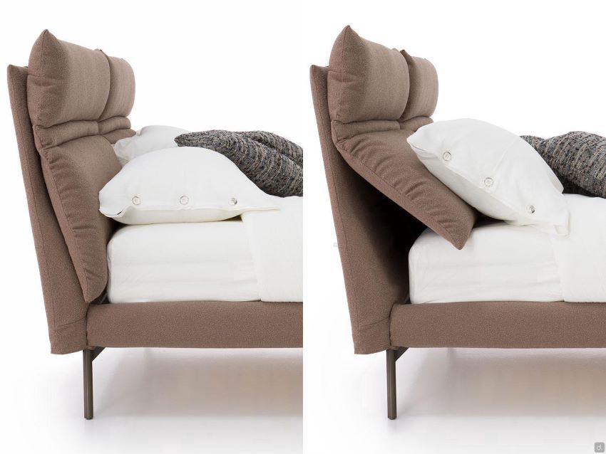 Collage di immagini che mostrano la movimentazione della testiera di un letto tessile