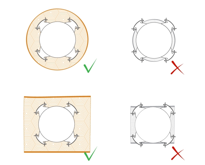 Un tavolo rotondo può essere completato da un tappeto tondo o rettangolare