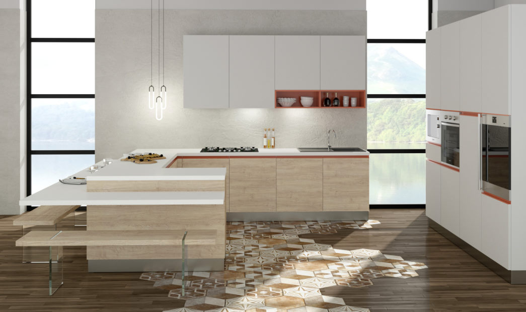 Cucina bianca con gola arancione e basi in legno Sistema 901