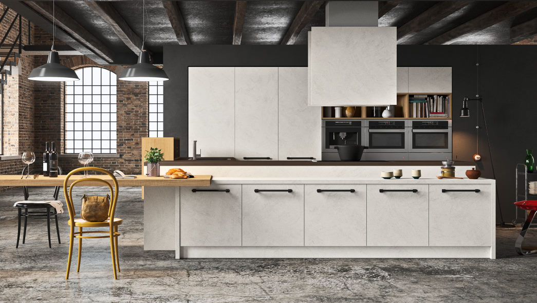 Cucina a isola con ante effetto cemento bianco in eco-resina One 04