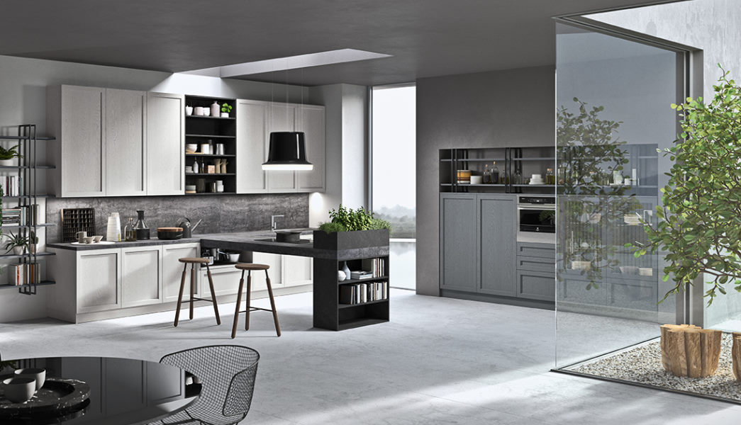 Cucina in legno laccato bianco e grigio con penisola centrale effetto cemento Fifty 04