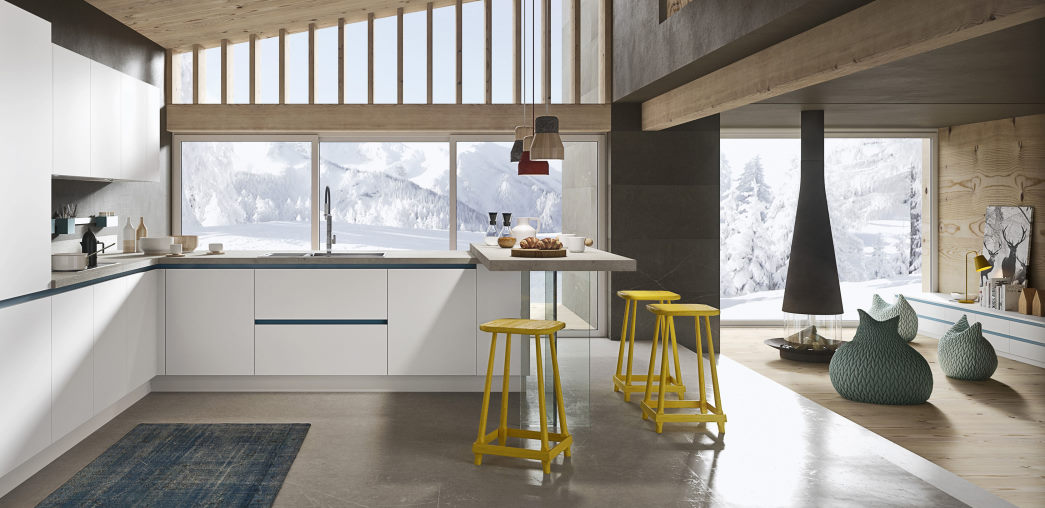 Cucina bianca con maniglie a gola blu Six 10