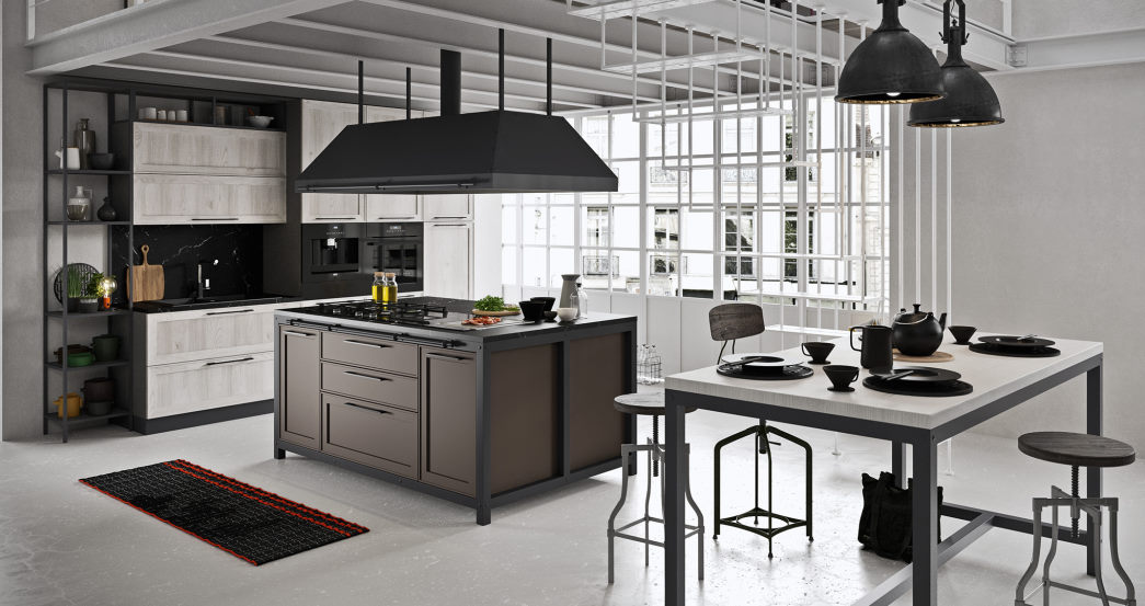 Cucina con isola in stile industriale in legno bianco e laccato marrone Sixty 03