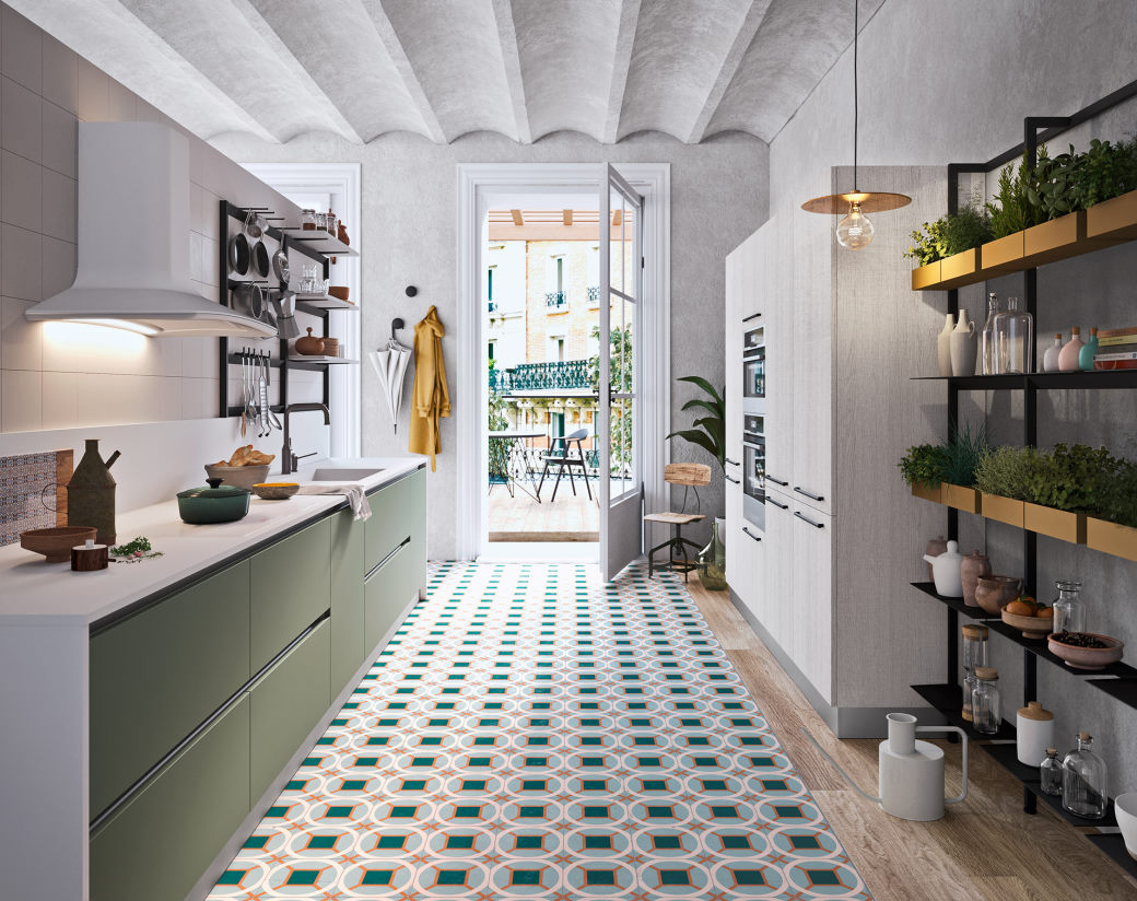 Cucina su due pareti verde con top e colonne bianche Seven 05