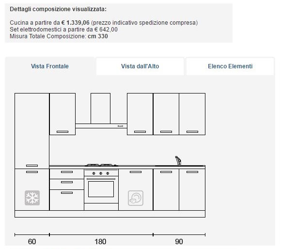 Cucina componibile 330 cm. Clicca per modificarla.