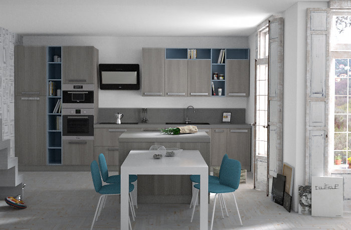 Cucina Sistema 901 personalizzabile in finiture legno, segato, nodato e in laccato opaco e lucido