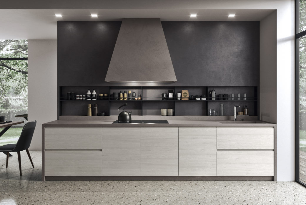 Cucina a parete in noce bianco con piano grigio Nine 05