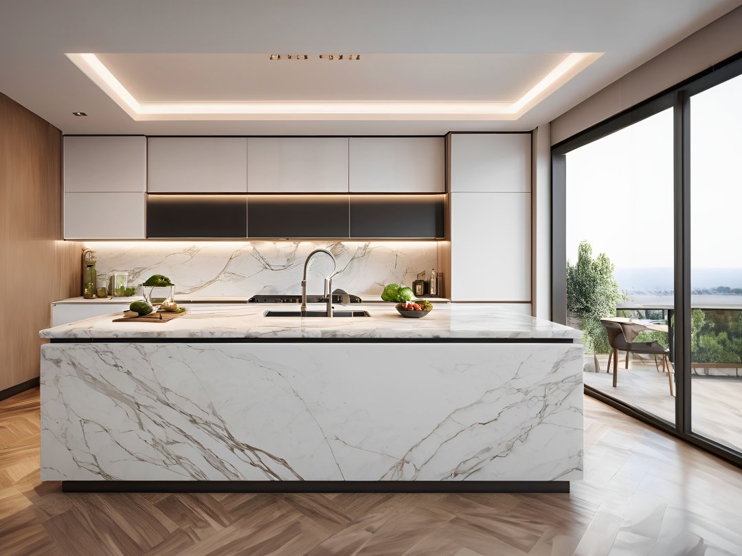 Cucina contemporanea con isola in marmo bianco venato