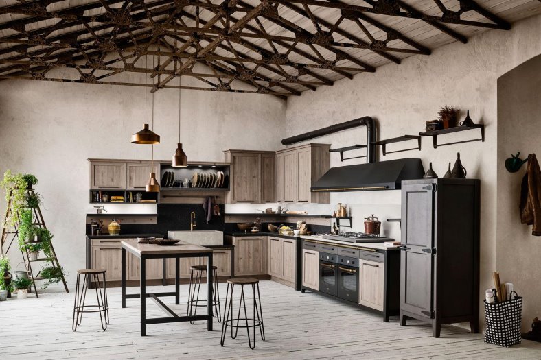 Cucina angolare in legno e nero in stile industrial