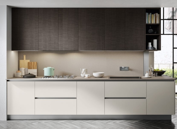 Cucina moderna componibile Six 12 in beige, bianco e marrone