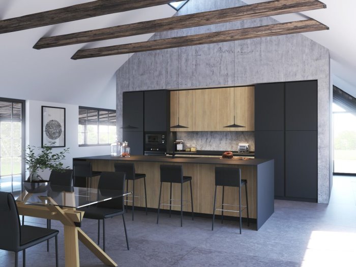 Cucina in rovere e fenix nero con isola centrale e bancone snack