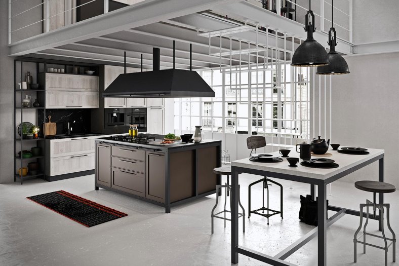 Cucina in stile loft con isola centrale nera e marrone Sixty 03