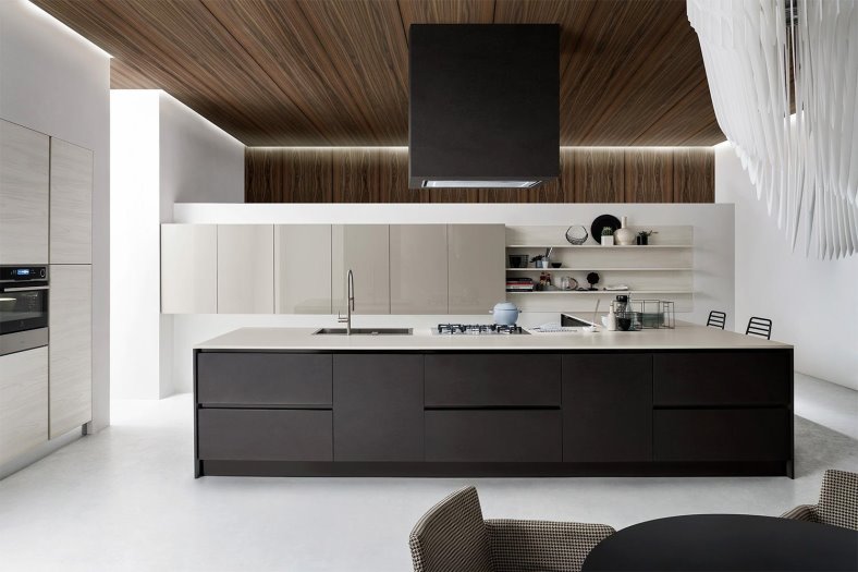 Cucina nera e tortora contemporanea con penisola angolare e cappa di design - Six 01