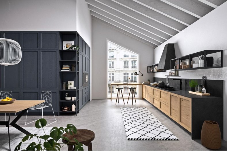 Cucina nera e rovere in stile nordico