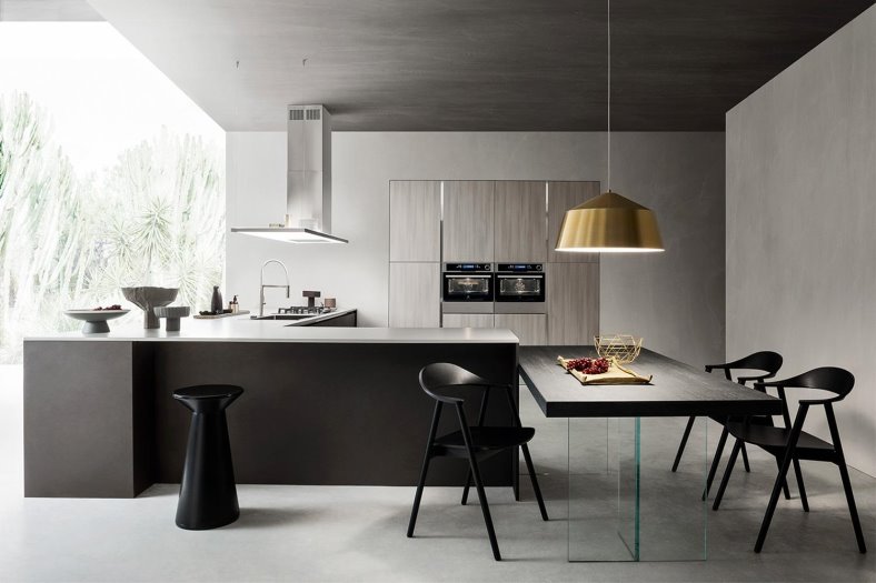 Cucina minimalista bianca, nera e legno con grande penisola ad angolo Six 06