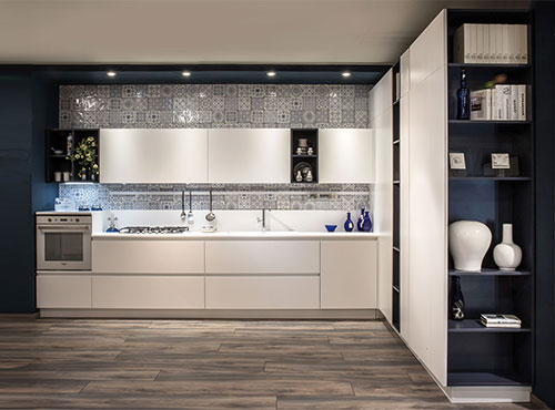 Kitchen with white grey and black isle
