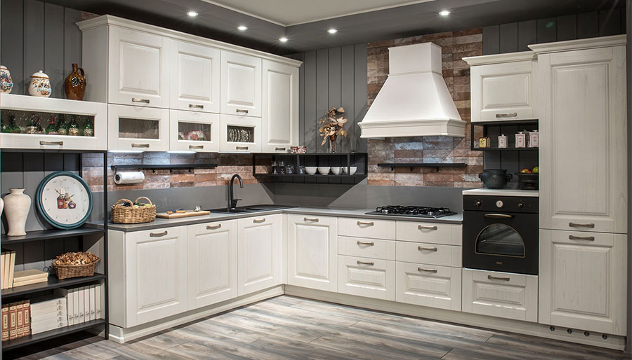 Classic white decapé lacquered kitchen