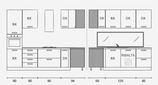 Progetto di cucina angolare Sistema 901 con cappa di design. A destra è visibile la finestra bassa 180 x 60 cm collocata a 88 cm da terra.