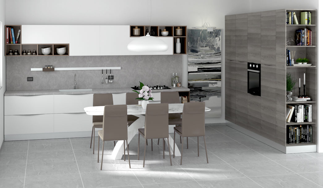 Progetto per cucina bianca, beige e legno tinto con colonne staccate