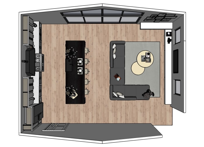 Piantina cucina in open space: vista dall'alto