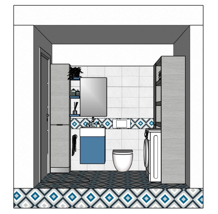 Vista frontale del mini bagno con lavanderia