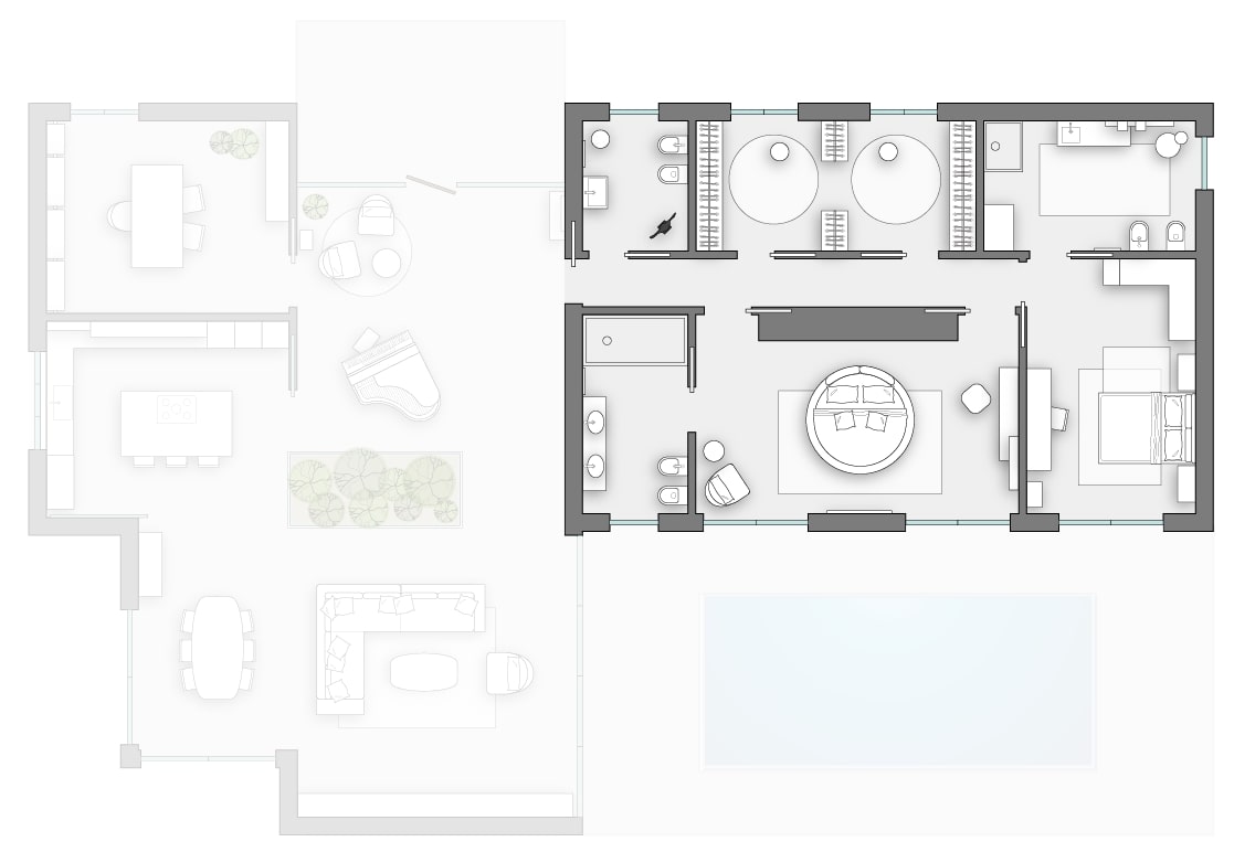 Planimetria della zona notte della villa monopiano unifamiliare: due camere, tre bagni, una cabina armadio e un lungo corridoio
