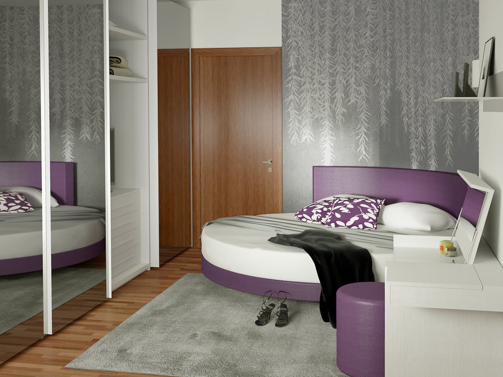 Render fotorealistico della camera da letto di 15 mq con letto rotondo