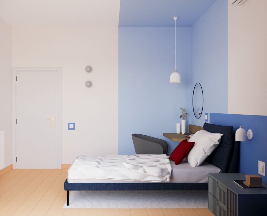 Render di una camera con letto in tessuto blu