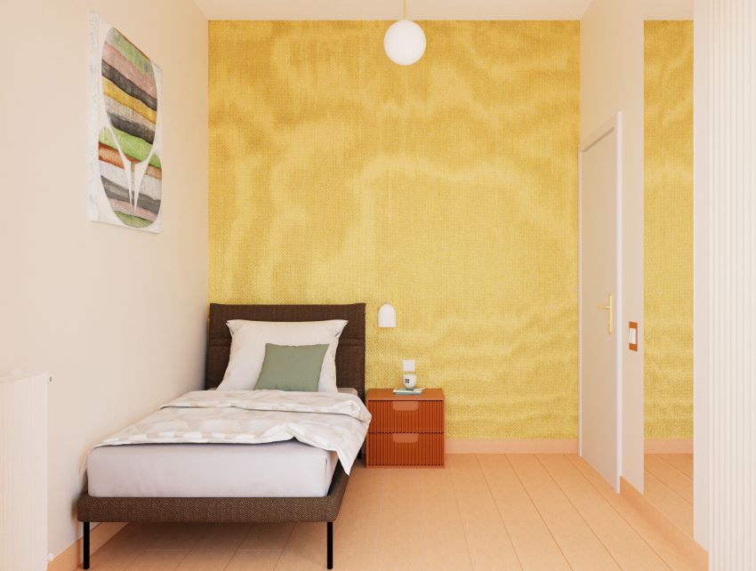 Render di una camera con letto in tessuto giallo