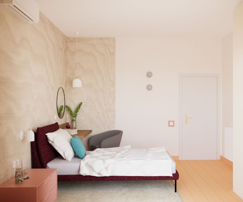 Render di una camera con letto in tessuto rosso