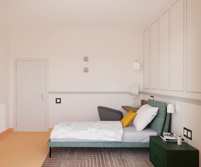 Render di una camera con letto in tessuto verde