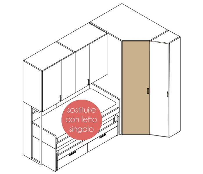 Progetto cameretta con armadio a ponte e cabina armadio ad angolo