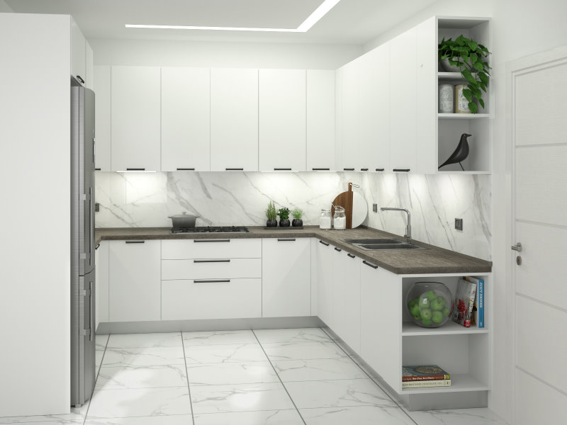 Render progetto cucina a U bianca