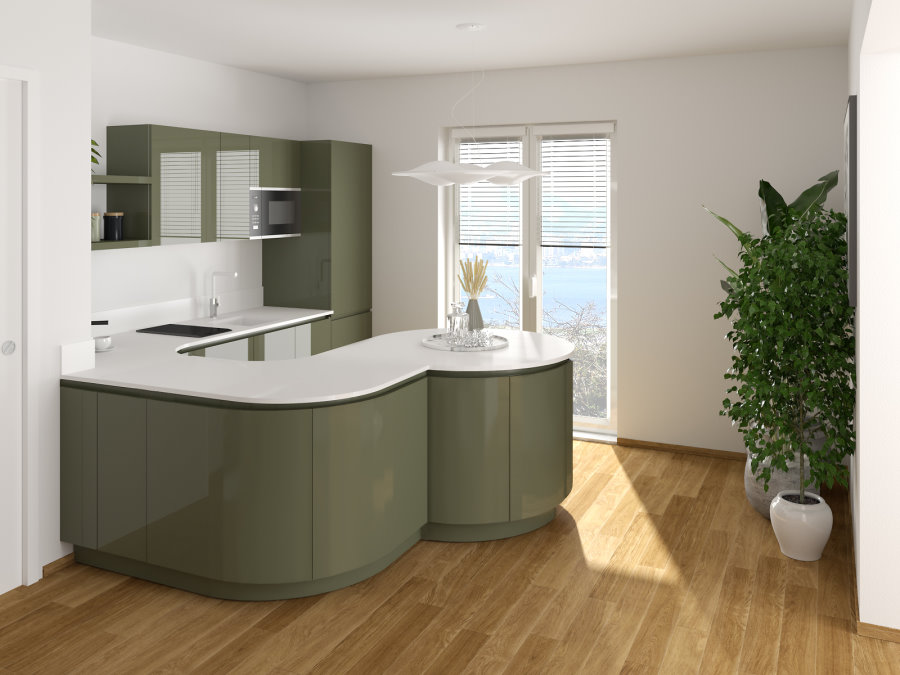 Render cucina curva verde e bianca