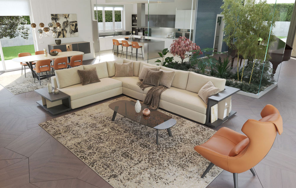 Visuale della zona living con area relax e giardino d'inverno