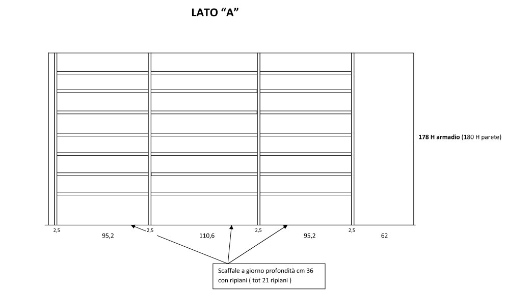 Parete A: lunga cm 385, da attrezzare con vani a giorno ad uso libreria