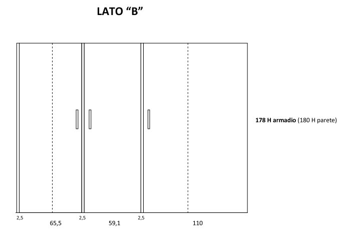 Parete B: lunga cm 245, da attrezzare con armadio ad ante battenti e armadio battente ad angolo