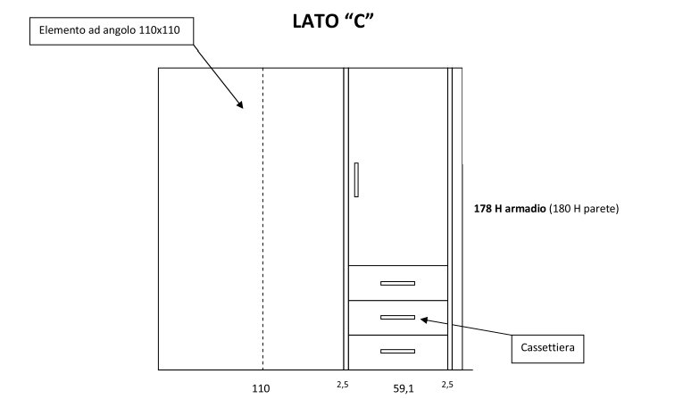 Parete C: lunga cm 186, da attrezzare con armadio battente e cassettiera a 3 cassetti