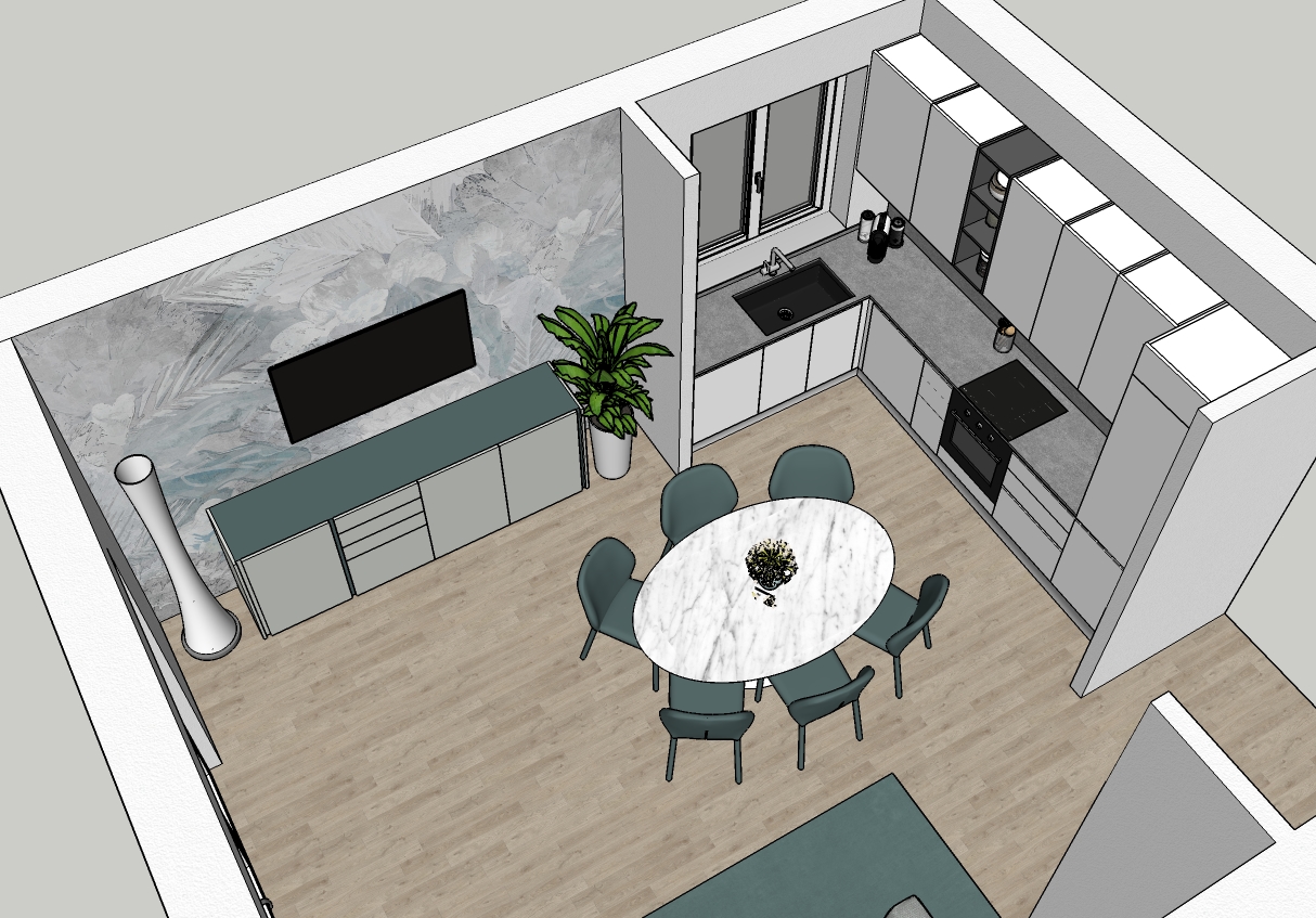 Render open space con cucina e zona pranzo