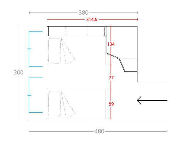 Prospetto dell'ingombro dei letti estraibili e dello spazio di passaggio centrale