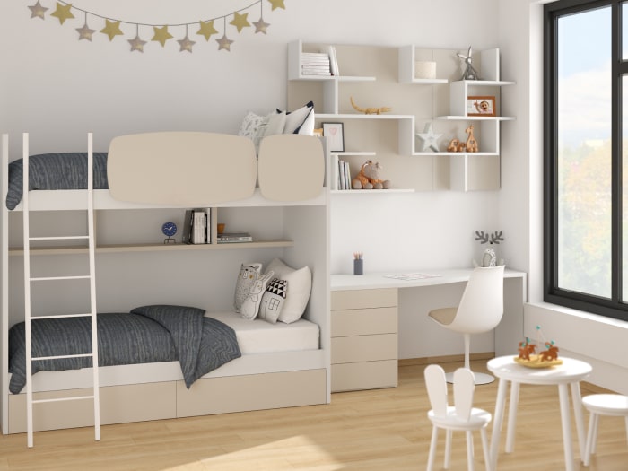 Letto per bambini Dlicat, Struttura con secondo lettino estraibile, Letto  singolo per cameretta con 1 cassettone e mensola, 200x99h74 cm, Bianco e Blu