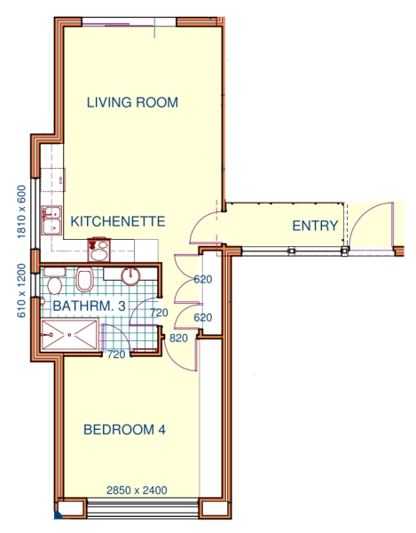 Il mini appartamento degli ospiti, con open space con soggiorno e cucina kitchennette angolare