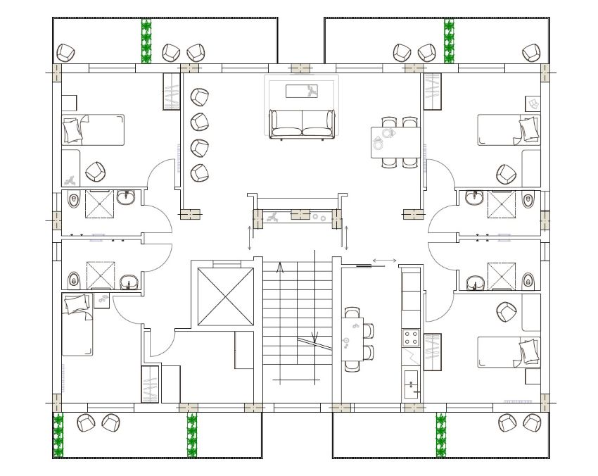 Pianta del piano residenziale con le camere e le parti comuni