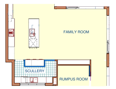 La piantina con la cucina di servizio adiacente alla grande family room con cucina a isola