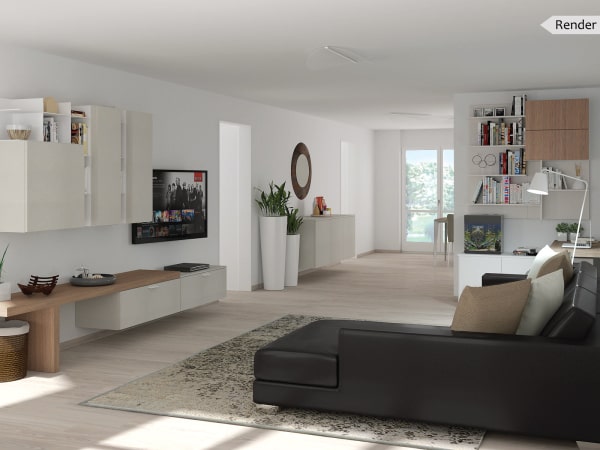 Progetto per soggiorno in open space con doppia parete attrezzata