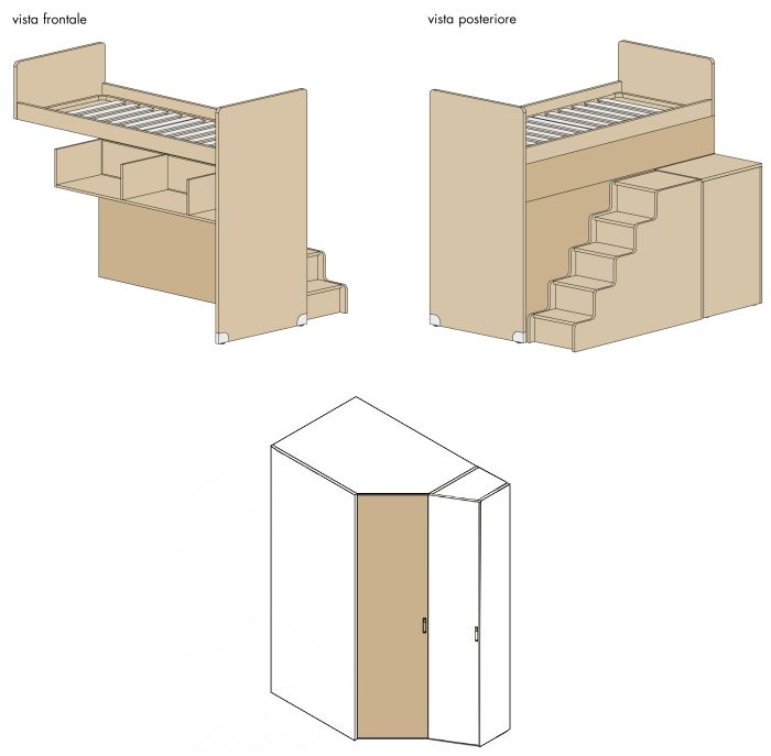Schema del letto a castello scorrevole e della cabina armadio angolare
